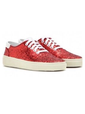 Saint Laurent Skate Red Glitter Sneakers Lace Up Low Top Size 37